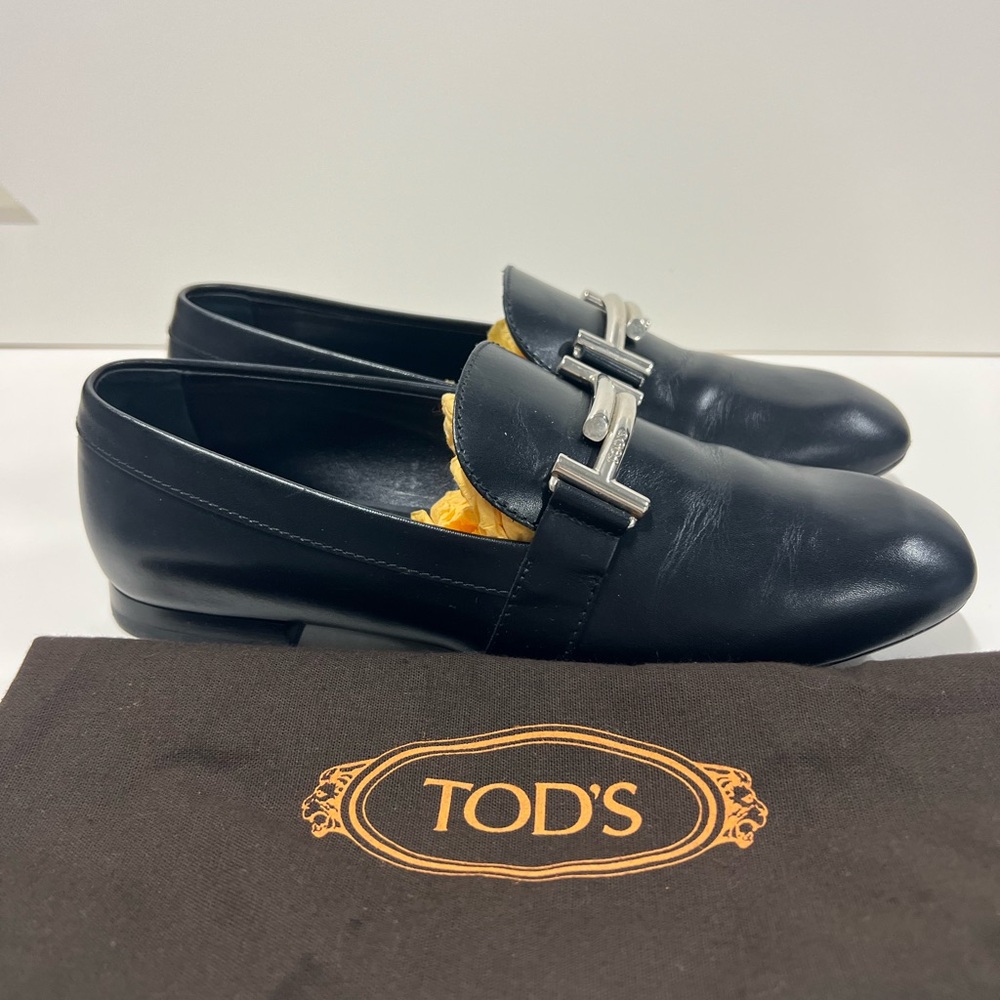 Tod's Black Leather Loafers with Silver Buckle